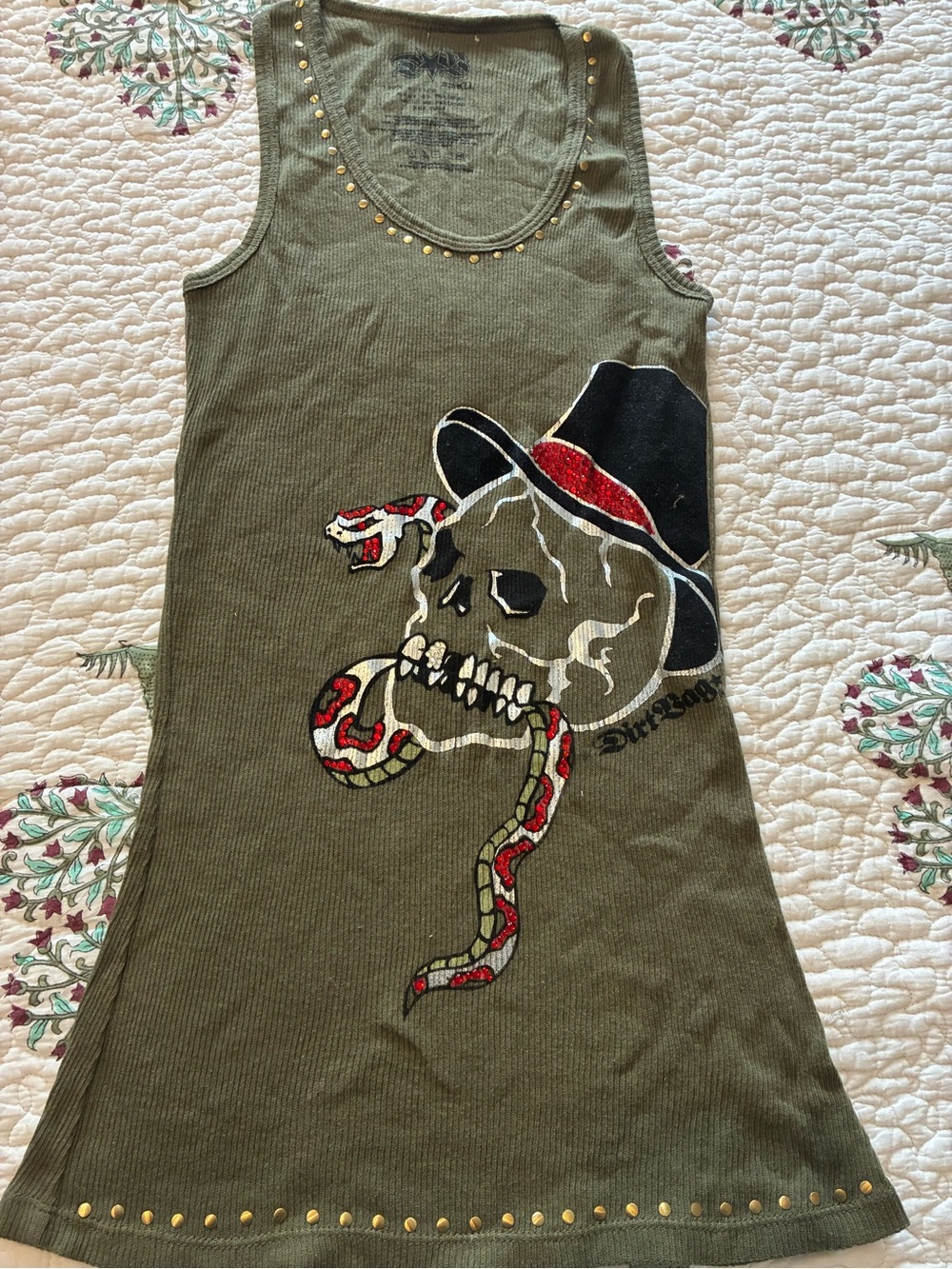 Olive Green Skull & Snake Tank Top with Stud Detail